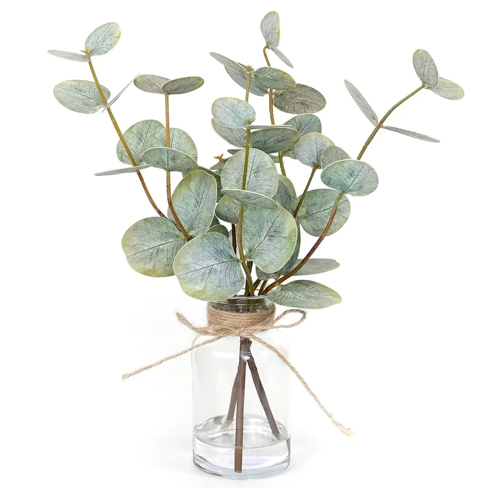 Muhanjia Artificial Eucalyptus Stems in Glass Vase with Faux Water,3Pcs Fake Plant with Double-Sided Green Leaves for Centerpiece(Double-Sided Green Eucalyptus)